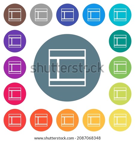 Two columned web layout outline flat white icons on round color backgrounds. 17 background color variations are included.