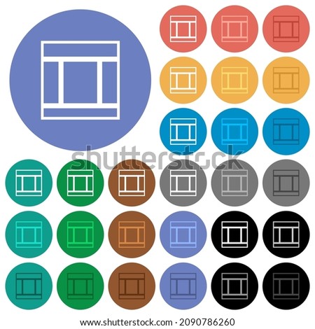 Three columned web layout outline multi colored flat icons on round backgrounds. Included white, light and dark icon variations for hover and active status effects, and bonus shades.