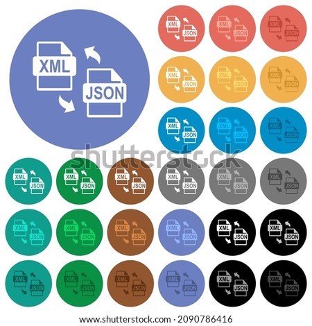 XML JSON file conversion multi colored flat icons on round backgrounds. Included white, light and dark icon variations for hover and active status effects, and bonus shades.
