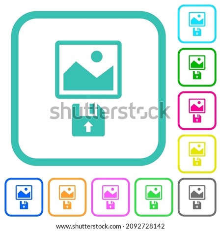 Upload image from floppy disk vivid colored flat icons in curved borders on white background