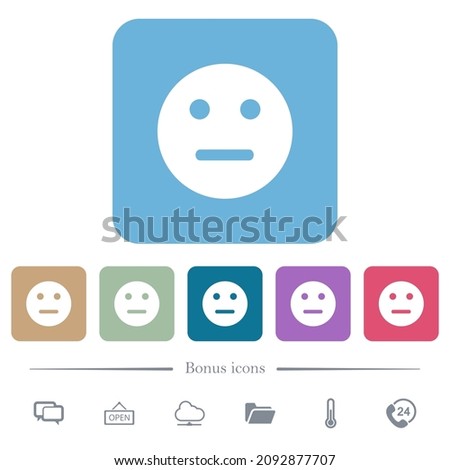 Neutral emoticon solid white flat icons on color rounded square backgrounds. 6 bonus icons included