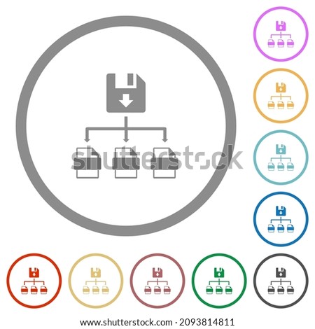 Save file as multiple format flat color icons in round outlines on white background