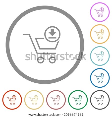 Cart download outline flat color icons in round outlines on white background