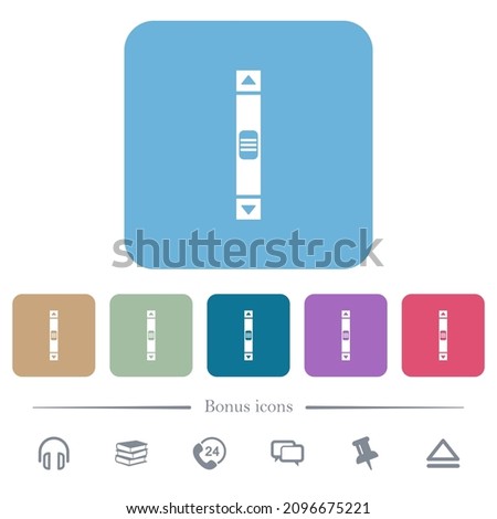 Vertical scroll bar white flat icons on color rounded square backgrounds. 6 bonus icons included