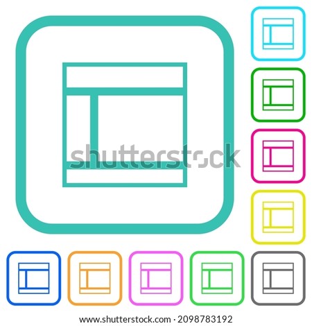 Two columned web layout outline vivid colored flat icons in curved borders on white background