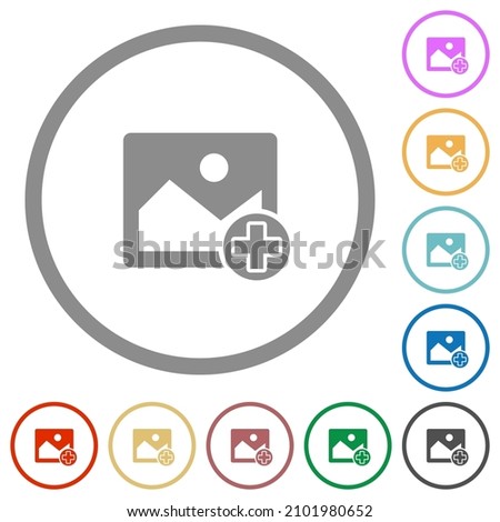 Add new image flat color icons in round outlines on white background