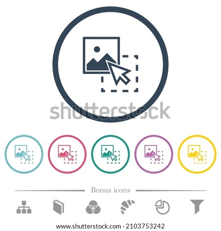 Drag image to upload flat color icons in round outlines. 6 bonus icons included.