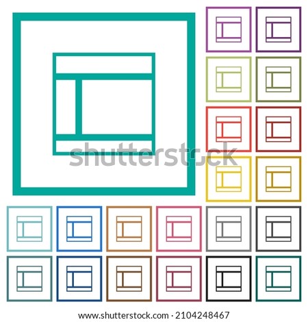 Two columned web layout outline flat color icons with quadrant frames on white background