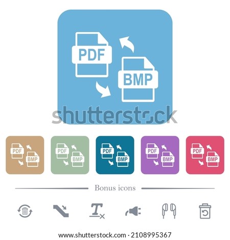 PDF BMP file conversion white flat icons on color rounded square backgrounds. 6 bonus icons included