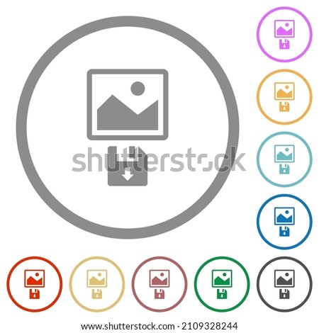 Save image to floppy disk flat color icons in round outlines on white background