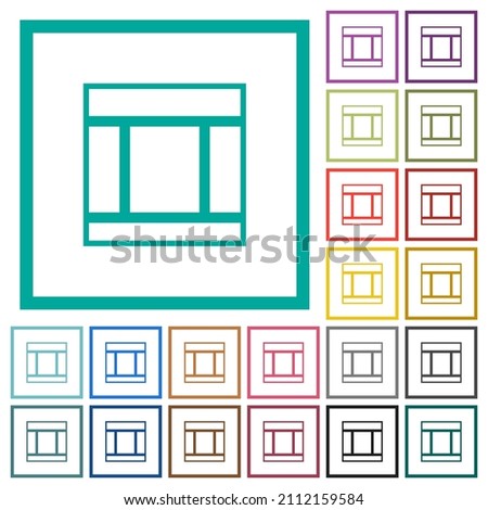 Three columned web layout outline flat color icons with quadrant frames on white background