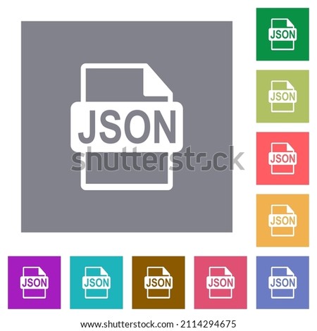 JSON file format flat icons on simple color square backgrounds