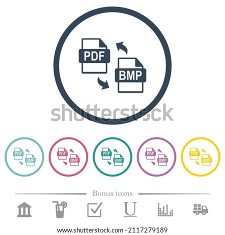 PDF BMP file conversion flat color icons in round outlines. 6 bonus icons included.