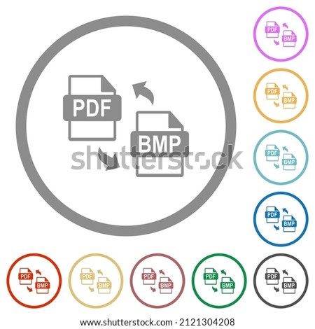 PDF BMP file conversion flat color icons in round outlines on white background