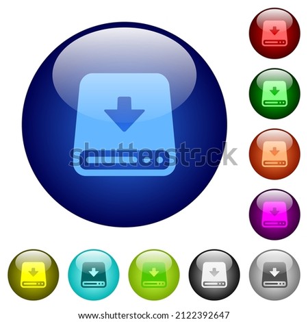Download to hard disk icons on round glass buttons in multiple colors. Arranged layer structure