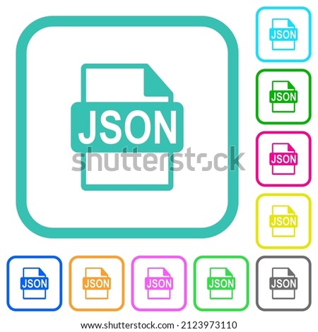 JSON file format vivid colored flat icons in curved borders on white background