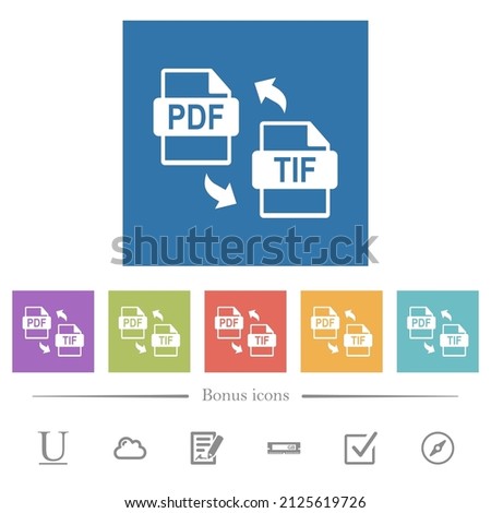 PDF TIF file conversion flat white icons in square backgrounds. 6 bonus icons included.