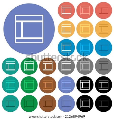 Two columned web layout outline multi colored flat icons on round backgrounds. Included white, light and dark icon variations for hover and active status effects, and bonus shades.