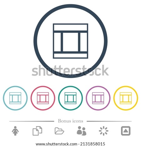 Three columned web layout outline flat color icons in round outlines. 6 bonus icons included.