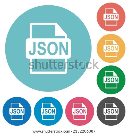 JSON file format flat white icons on round color backgrounds