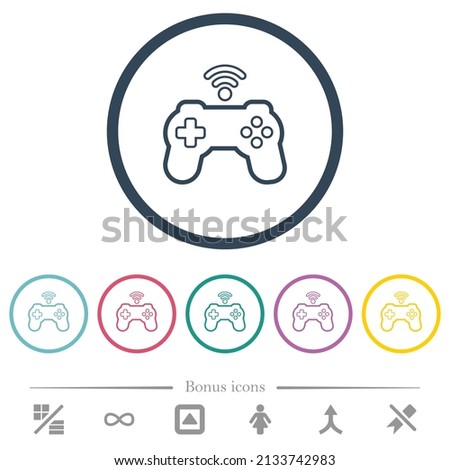 Wireless game controller outline flat color icons in round outlines. 6 bonus icons included.
