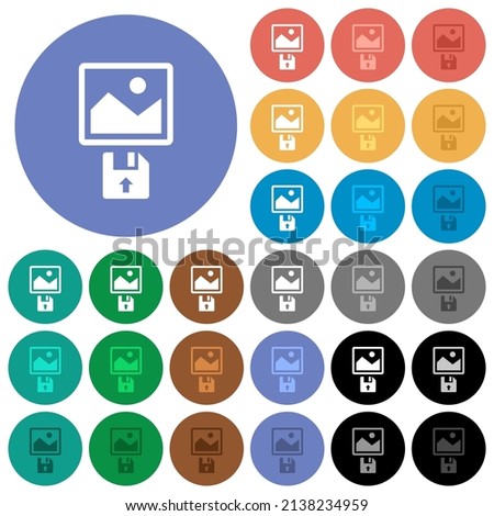 Upload image from floppy disk multi colored flat icons on round backgrounds. Included white, light and dark icon variations for hover and active status effects, and bonus shades.