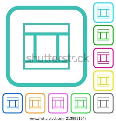 Three columned web layout outline vivid colored flat icons in curved borders on white background