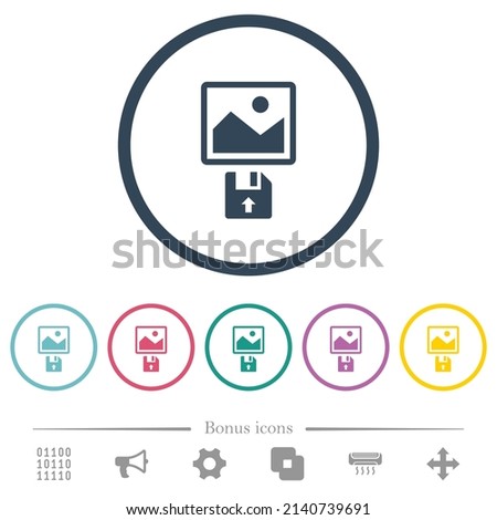 Upload image from floppy disk flat color icons in round outlines. 6 bonus icons included.