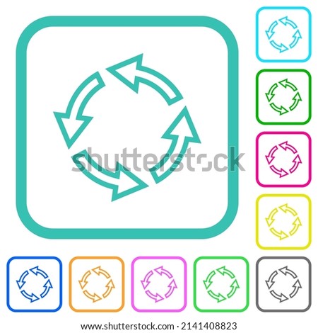 Rotate left outline vivid colored flat icons in curved borders on white background