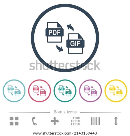 PDF GIF file conversion flat color icons in round outlines. 6 bonus icons included.