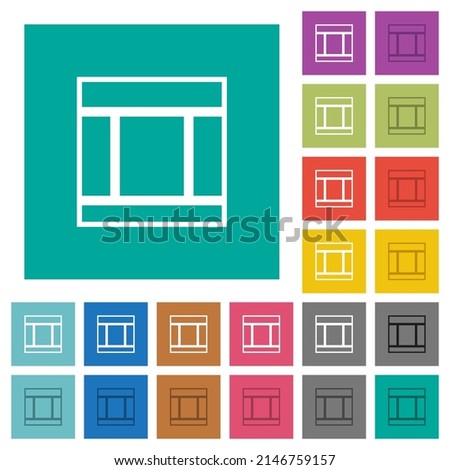 Three columned web layout outline multi colored flat icons on plain square backgrounds. Included white and darker icon variations for hover or active effects.