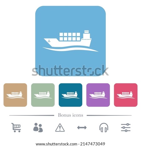 Freighter with wave white flat icons on color rounded square backgrounds. 6 bonus icons included