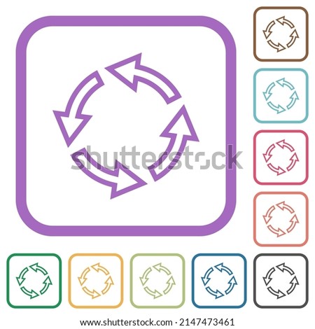 Rotate left outline simple icons in color rounded square frames on white background