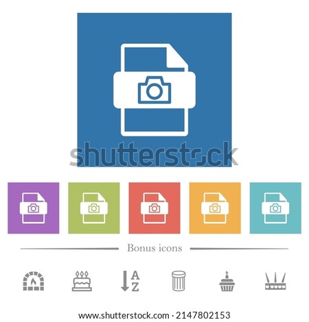 raw camera file type flat white icons in square backgrounds. 6 bonus icons included.