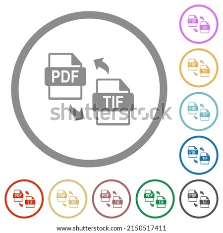 PDF TIF file conversion flat color icons in round outlines on white background