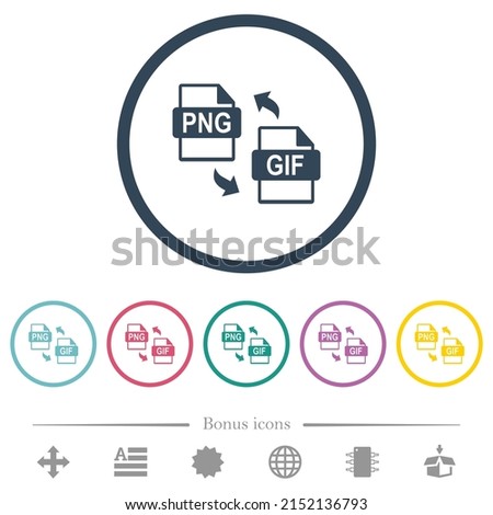 PNG GIF file conversion flat color icons in round outlines. 6 bonus icons included.