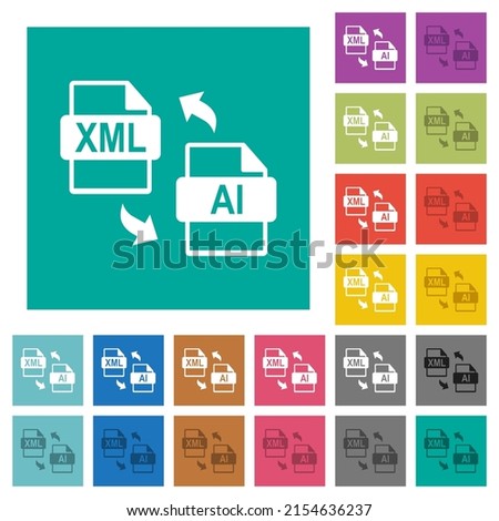 XML AI file conversion multi colored flat icons on plain square backgrounds. Included white and darker icon variations for hover or active effects.