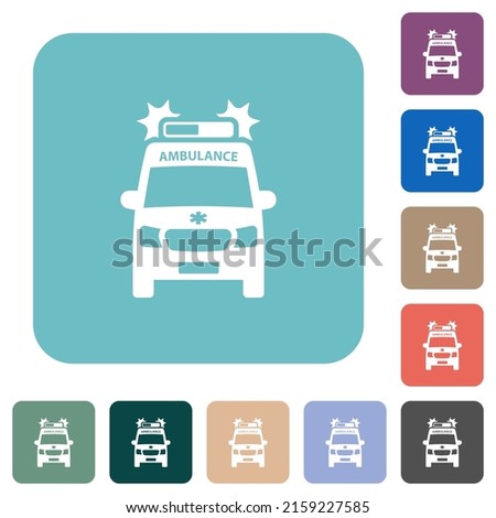 Flashing ambulance car front view white flat icons on color rounded square backgrounds