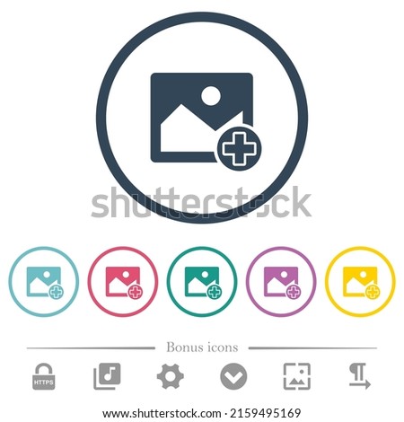 Add new image flat color icons in round outlines. 6 bonus icons included.