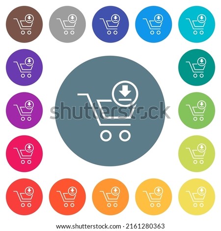 Cart download outline flat white icons on round color backgrounds. 17 background color variations are included.
