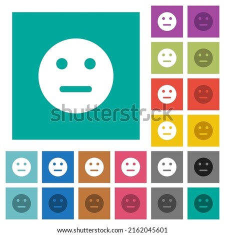 Neutral emoticon solid multi colored flat icons on plain square backgrounds. Included white and darker icon variations for hover or active effects.