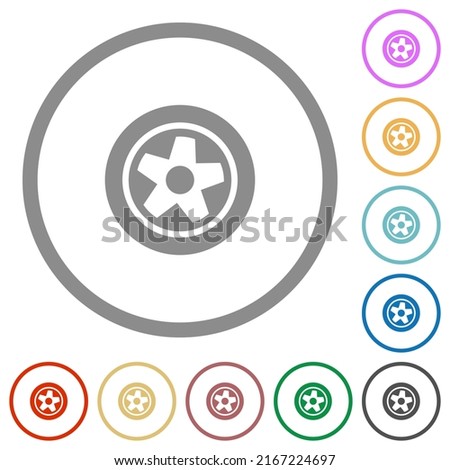 Car wheel flat color icons in round outlines on white background