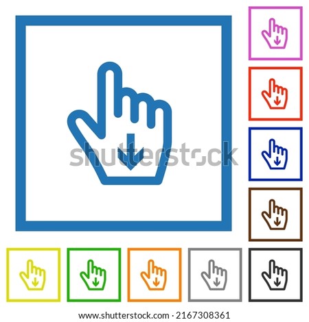 Hand cursor down outline flat color icons in square frames on white background