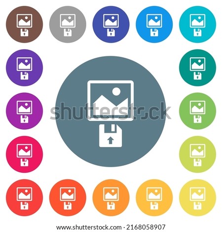 Upload image from floppy disk flat white icons on round color backgrounds. 17 background color variations are included.