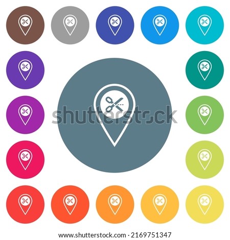 Cut GPS location flat white icons on round color backgrounds. 17 background color variations are included.