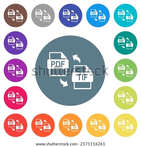 PDF TIF file conversion flat white icons on round color backgrounds. 17 background color variations are included.