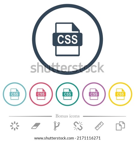 CSS file format flat color icons in round outlines. 6 bonus icons included.