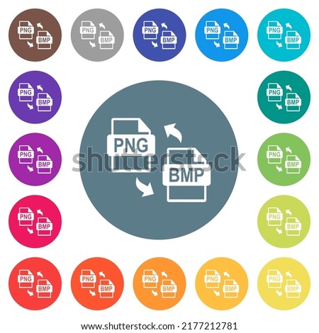 PNG BMP file conversion flat white icons on round color backgrounds. 17 background color variations are included.