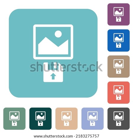 Upload image from floppy disk white flat icons on color rounded square backgrounds