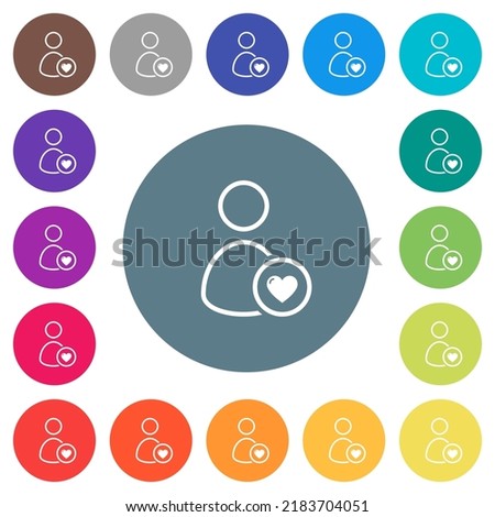 Favorite user outline flat white icons on round color backgrounds. 17 background color variations are included.